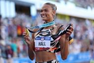 Anna Hall celebrates at the 2024 U.S. Olympic Team Track & Field Trials in Eugene, Oregon. (Photo by Getty Images)